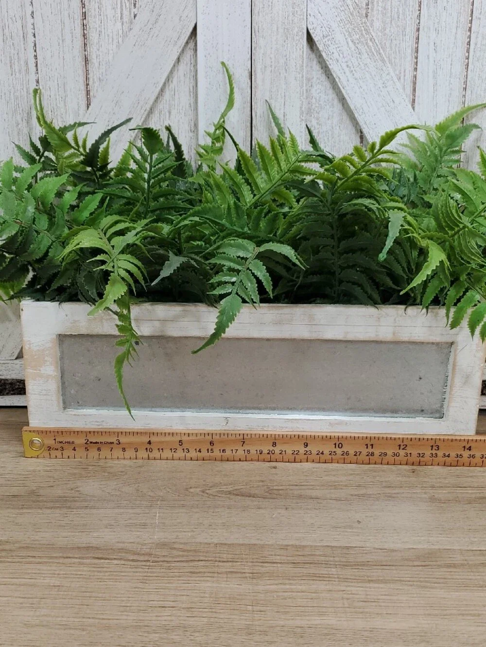 Artificial Fern in Rectangular Distressed Wood Planter Box Faux Plant Decor